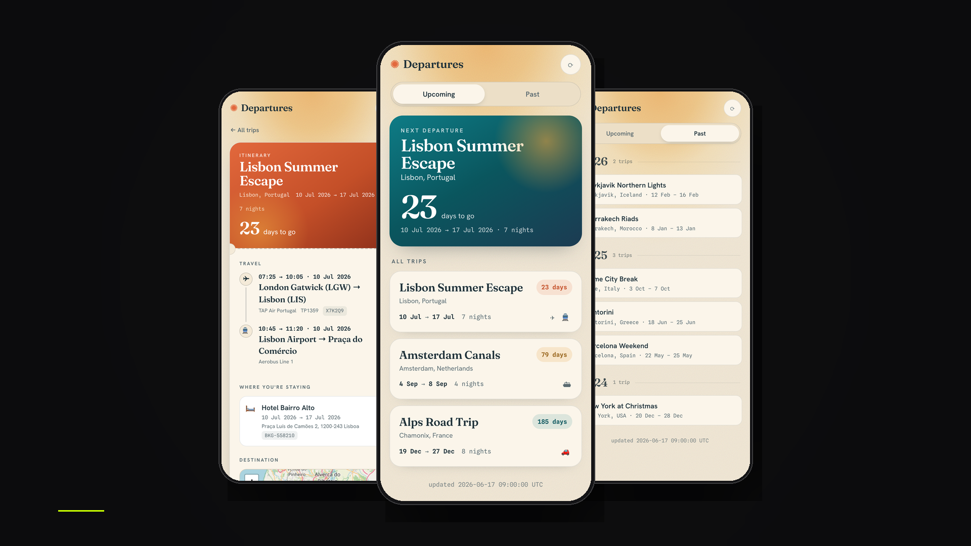 Departures app — next-departure board, trip itinerary ticket, and past-trips list